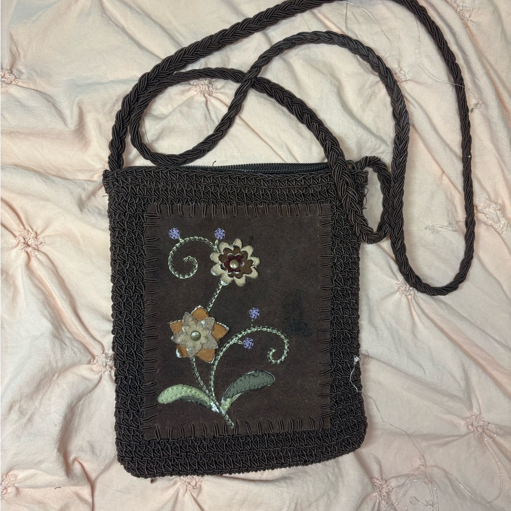 Floral Embroidered Brown Crossbody Bag